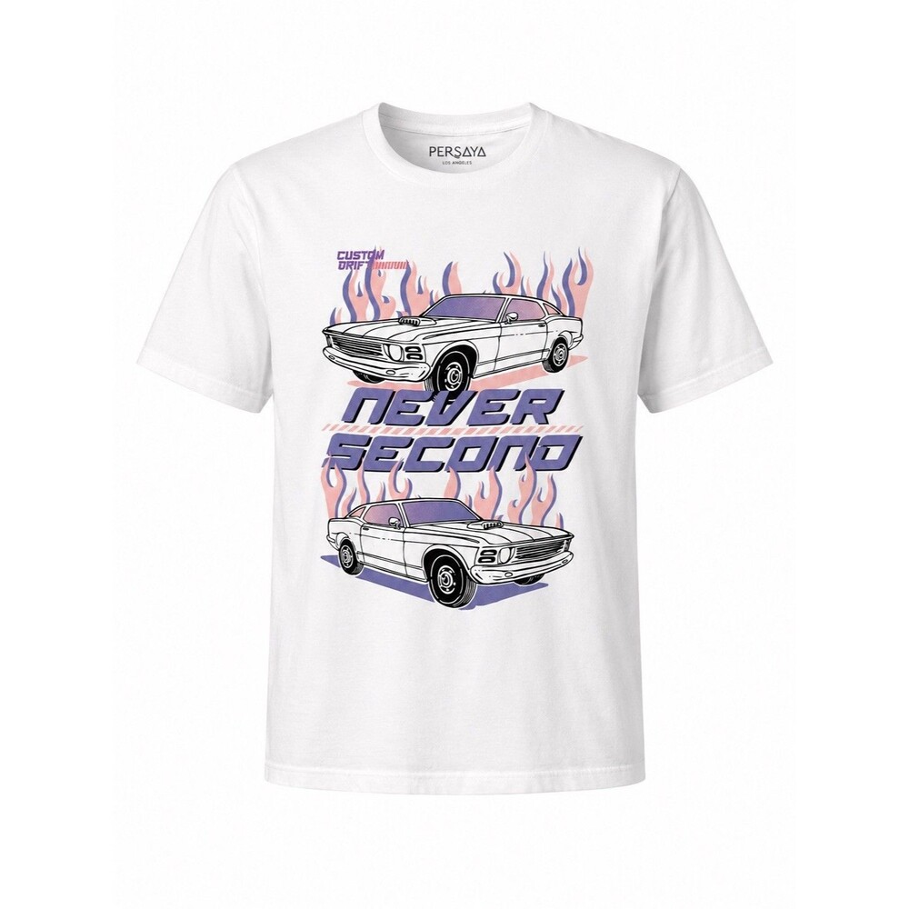 Vintage Persaya Never Second Muscle Car Graphic Tee White 100% Cotton Large